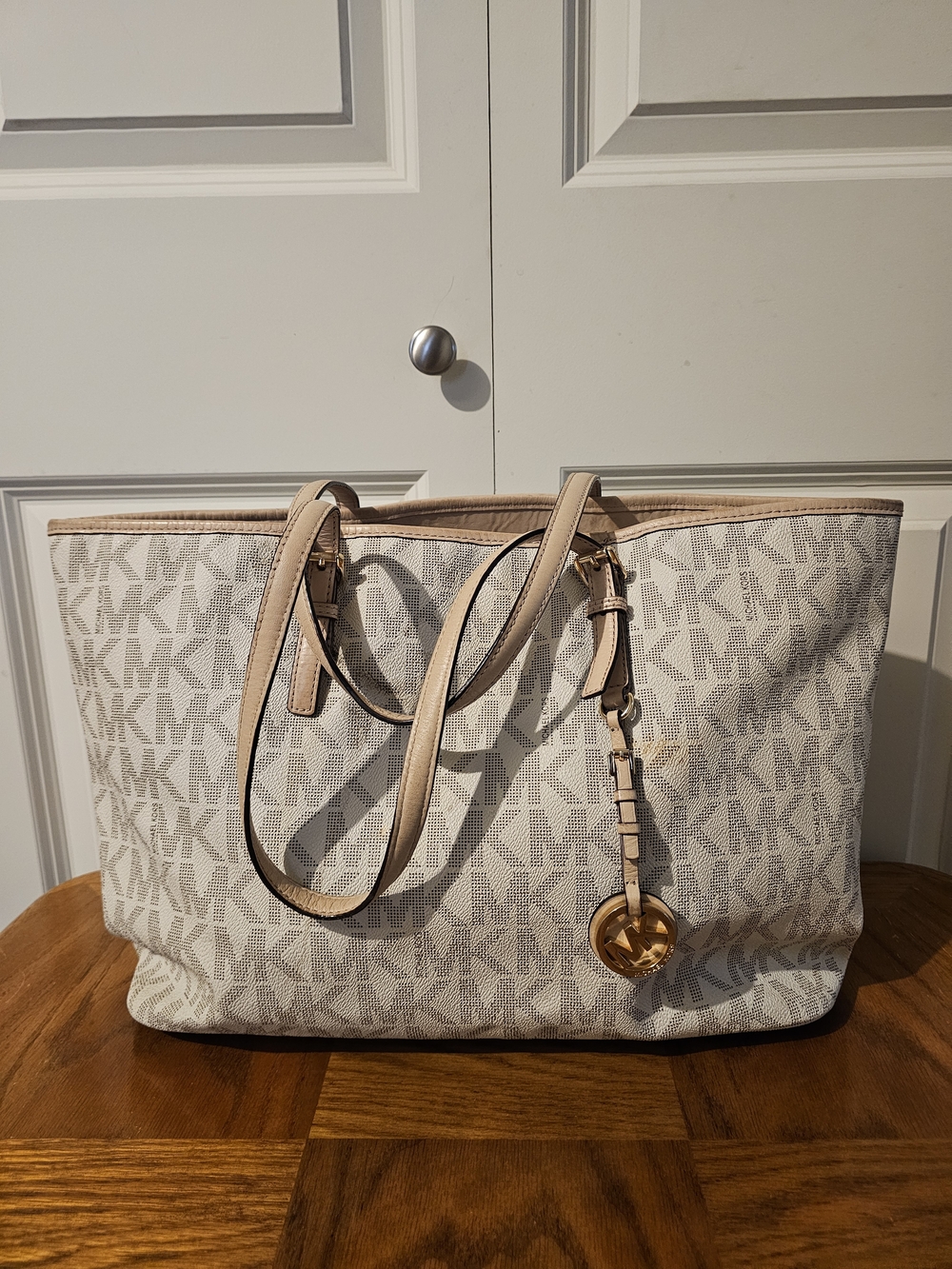 Michael Kors Neutral Logo Large Tote with Gold Accent